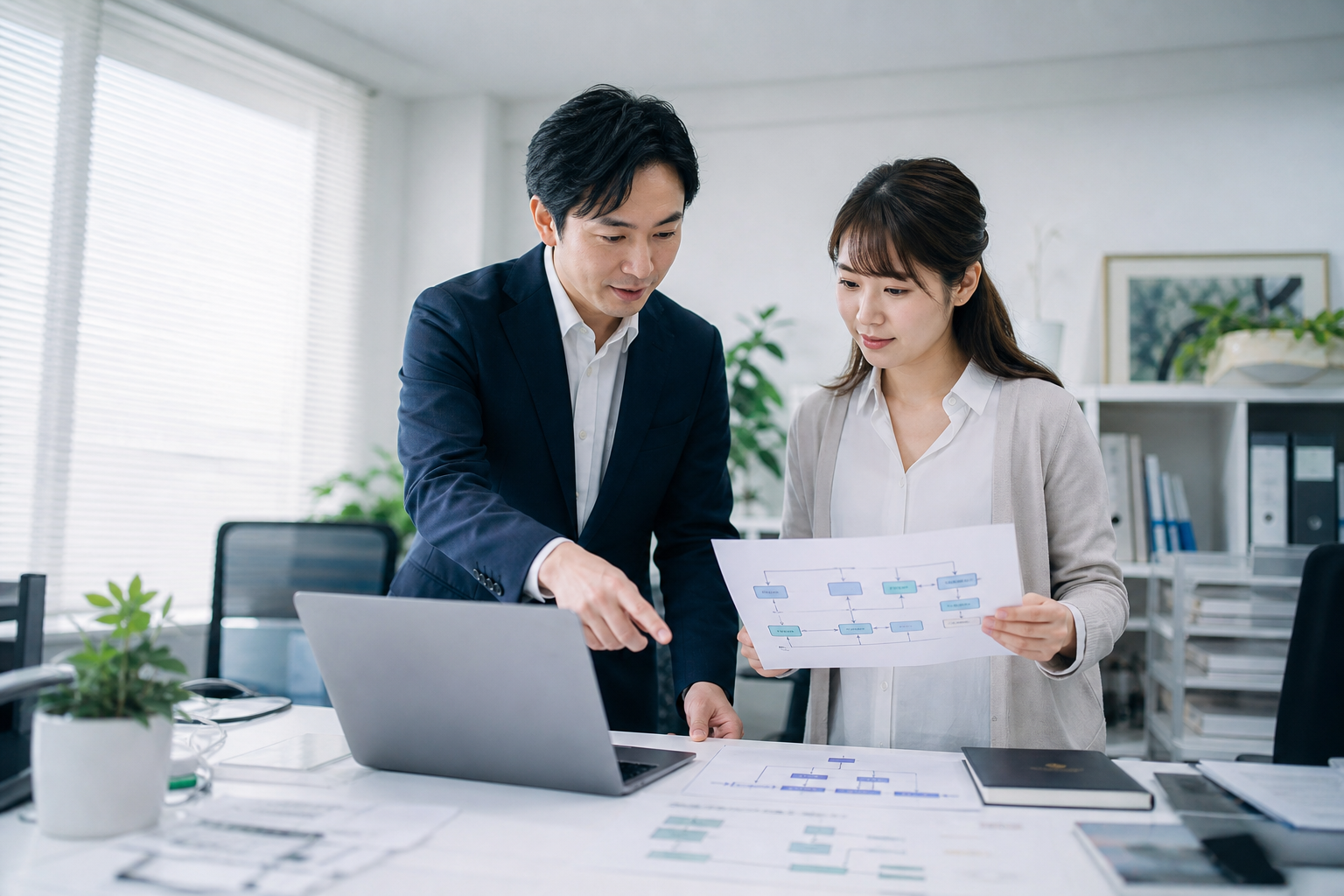 現場で業務の流れを一緒に確認するイメージ